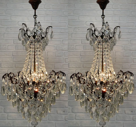 Matching pair of Antique Vintage Brass & Crystal Spider Style Gothic Chandelier Cover