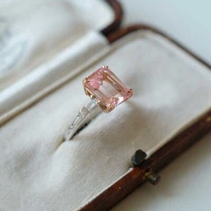 Natural Emerald Cut Morganite and Diamonds Women Ring 14k Solid White Gold d254 - Picture 1 of 5