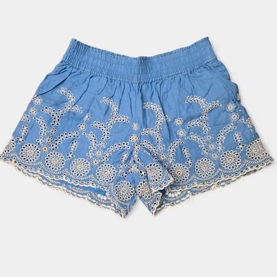 J. Pantalones Cortos Crew Para Mujer Lino Ojales Bordados Azul S Boho Playa Femenino Foto 1 de 4