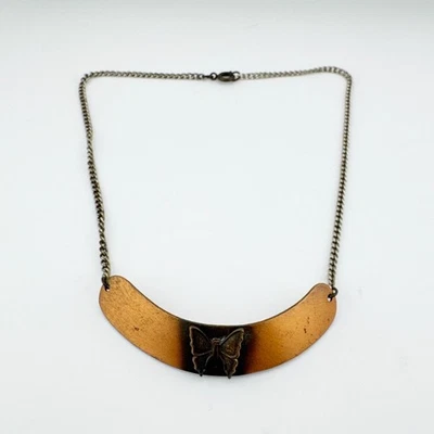 Vintage Y2K Copper Tone Butterfly Necklace Etched Metal Pendant on Chain - Image 1 of 4