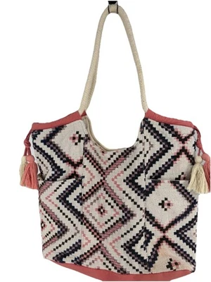 Southwest Pink Purple Ivory Knit Woven Aztec Geometric Large Boho Purse Bag - Image 1 of 4