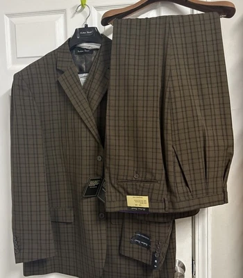 NTW Fortino Landi 3PCS Men's Plaid Checks 3 Button Suit w/ Vest Brown 54R 48W - Image 1 of 4