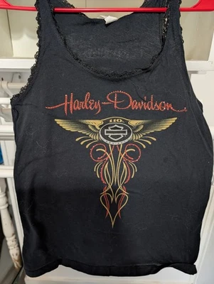 Camiseta sin mangas Harley Davidson negra estrás correa de encaje logotipo para mujer talla S anuncio trasero Foto 1 de 2