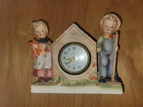 Vtg. Porcelain Saxony Alarm Clock Boy & Girl Hummel Style 1950's West Germany Cover