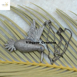 Pave Diamond Humming Bird Pendant 16" Link Chain 925 Solid Silver Necklace Gift - Picture 1 of 4
