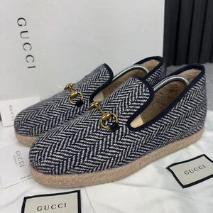 Mocassino espadrillas Gucci Fria Horsebit lana blu navy pelliccia 7 G 7,5 US 41 EUR nuovo con etichette - Foto 1 di 24