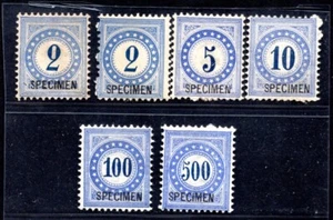 SWITZERLAND 1874 POSTAGE DUES SPECIMEN OVERPRINT SC. J2 (X2), J4, J5, J8, J9 - Picture 1 of 2