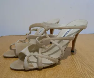 Manolo Blahnik beige suede asymmetrical multi strap mules heels shoes 38 5 VGC - Picture 1 of 11