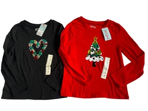 girls Lot of 2 Cat & Jack long sleeve tops size M (8) red black dog chrismtas - Picture 1 of 6