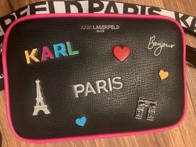 RARO NUEVO CON ETIQUETAS $198 KARL LAGERFELD PARIS Negro Maybelle Bandolera Bolso de Hombro + Bolsa Foto 1 de 4