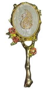 Vintage Style Handheld Mirror Swan Design Foldable Gold Tone - Picture 1 of 9