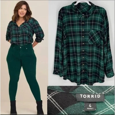 Camisa con botones de manga larga a cuadros verde tórrido negro blanco talla grande 4 Foto 1 de 4