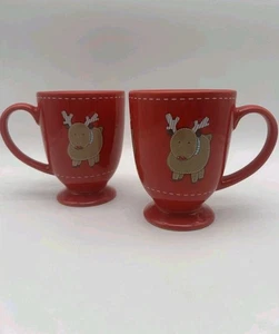 Martha Stewart Collection (Set) For Macys Red Pedestal Reindeer Large Mugs - Picture 1 of 5