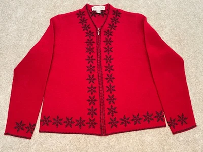 VTG Casual Corner Annex Size L Nordic Snowflake Red Black 100% Wool Zip Cardigan - Image 1 of 4