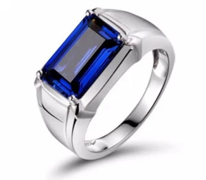 925 Silver Created Sapphire Mens Blue Gemstone Wedding Anniversary Rings For Men - Picture 1 of 4