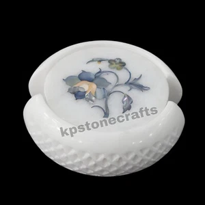 4" x4" inch Antique Flower Art Inlay White Marble Coaster Set - Imagen 1 de 6
