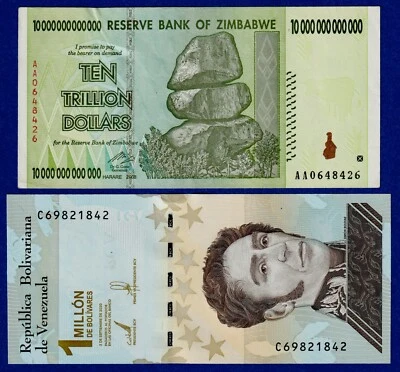 ZIM + VENEZUELA COMBO - 10 TRILLION (2008) EF + 1 MILLION BOLIVARES (2020) UNC - Image 1 of 2