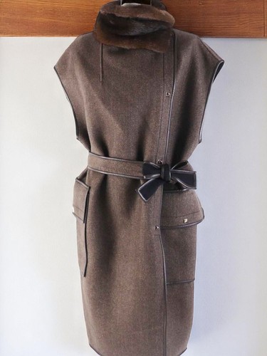 HERMÈS Cappotto lungo HERMES 100% cashmere x visone collo pelliccia senza manica marrone taglia:38 donna