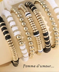 X 7 elastische Armbänder, Heishi Perlen, schwarz-weiß, neu - Bild 1 von 1