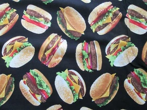 Hamburger Cheeseburger Realistic Hamburg Burger Food Black Cotton Fabric BTHY - Picture 1 of 5