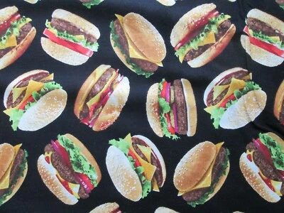 Hamburger Cheeseburge Diner Realistic Hamburg Burger Food Black Cotton Fabric FQ - Image 1 of 4
