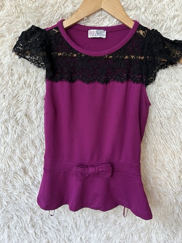 Top prugna RED VALENTINO corto bordo pizzo nero taglia small