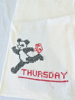 VTG Embroidery Hand Stitch Kitchen Dish Towel Day of the Week Thursday - Panda - Image 1 of 2