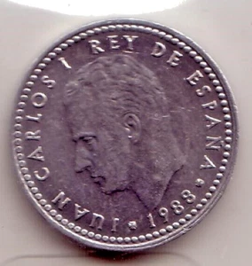 1988 Spain, 1 Peseta, Aluminium 21mm, Juan Carlos I, KM#821 (101E) - Picture 1 of 2