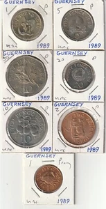Juego de 7 monedas Guernsey 1989 1,2,5,10,20,50 peniques libra UNC look BONITO LOTE - Imagen 1 de 2