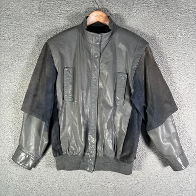 Vintage Jordache Leather Jacket Women’s Size 10 Gray Black Patchwork Bomber - Image 1 of 4