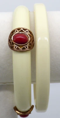 White Acrylic Bangle Bracelets Set of 2 Rose Gold Metal Red Stones Round - Image 1 of 4