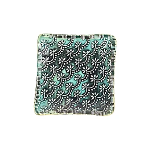 Plato de baratija pequeño Studio Art Pottery verde azulado azul esmaltado hoja floral firmado - Imagen 1 de 10