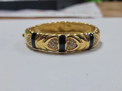 JOAN RIVERS Gold Plated Blue Enamel Rhinestone Hinged Bangle Designer BRACELET - Image 1 of 4