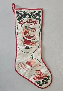 Vintage Weihnachtsstrumpf gesteppt Kunststoff Vinyl Santa Kätzchen Kind Grüße - Bild 1 von 10
