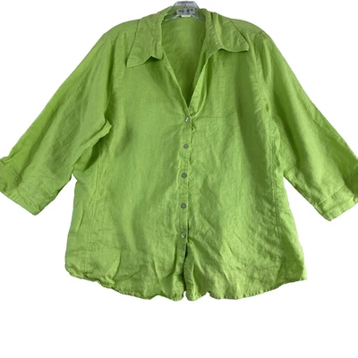 Camisa David N. Top Mujer Talla 1X Verde Lima 100% Lino Costera Manga 3/4 Foto 1 de 4