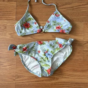VTG Roxy Girl 2 Piece Set Sz 12 Y2k Bikini Surf Floral Print Bamboo Accents - Picture 1 of 8
