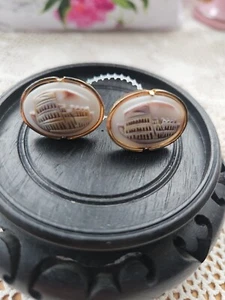 Vintage Coliseum Carved Conque Shell Cameo Rome Italy Oval Cufflinks - Picture 1 of 12