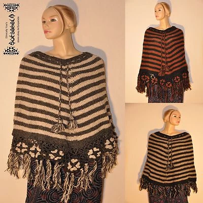 MARKENLOS Goa Hippie Ethno Wolle Strick Poncho Wollen Nepal warm boho chic M L