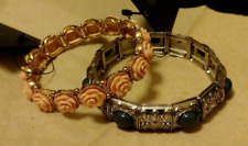 Set of 2 Bangle Bracelets with Pink Roses and Jade Green Stones