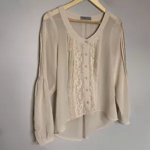 Just Jeans Size 8 / XS Beige Chiffon Lace Front Long Sleeve Blouse Top Shirt - Foto 1 di 9