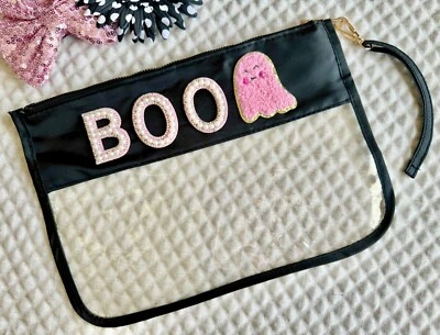 New Halloween Boo Pink Ghost Black & Clear Zip Makeup Tech Wristlet Bag - 11.5” - Image 1 of 4