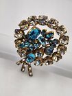 Gorgeous Wreath Style Vintage Brooch With Blue & Clear Diamante Stones