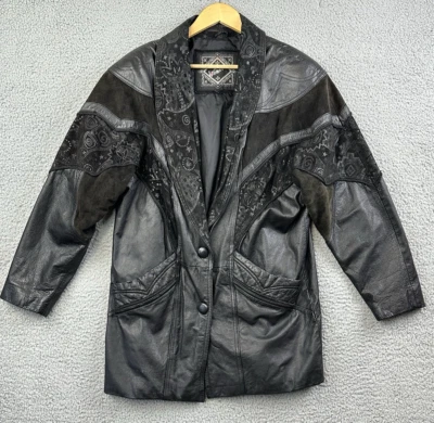 Chaqueta de cuero Winlit vintage para mujer grande negra abotonada bordada abrigo años 90 Foto 1 de 4