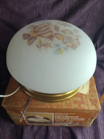 Vintage White Opal Mushroom Shape Light Fixture Floral Design Antique Brass NIB Cover