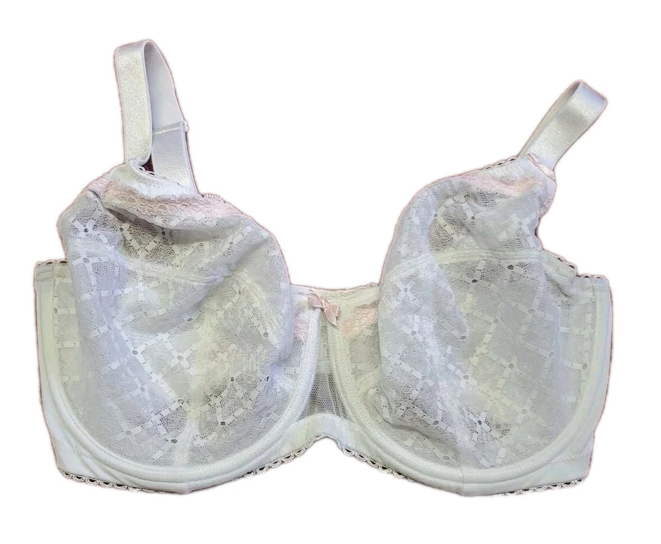 Sutiã Glamorise Tamanho 34G Wonderwire Branco Transparente Sexy com Renda Rosa Estilo 9845 - Imagem 1 de 4