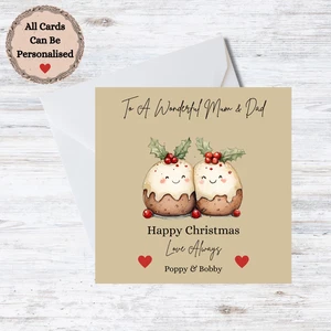 Personalised Mum & Dad Card Christmas Card - Xmas Puddings - Customisable Name - Picture 1 of 3