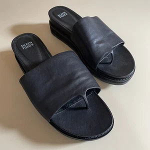 Eileen Fisher Touch Flatform Thong Sandal Black Leather Size 10 Minimalist - Picture 1 of 17