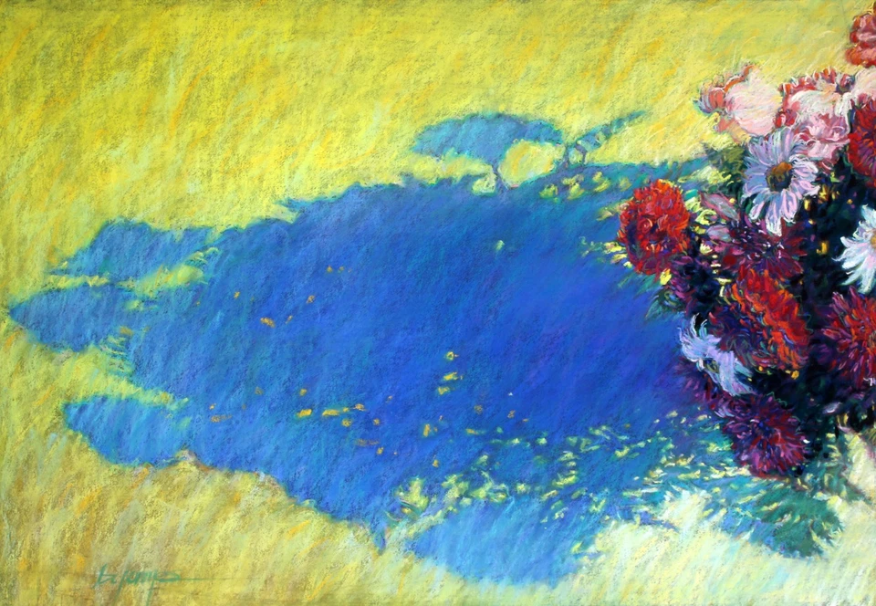 Dibujo pastel original de Bill James - "Floral en florero con sombra" Foto 1 de 1