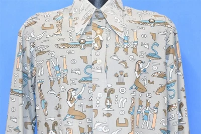 vintage 70s EGYPTIAN HIEROGLYPHICS GRAY NYLON BIG COLLAR DISCO SHIRT LARGE L - Image 1 of 4