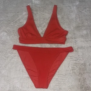 Aerie Large Swimsuit Triangle Coral Pink Ribbed Bikinis Top Bottom - Picture 1 of 11